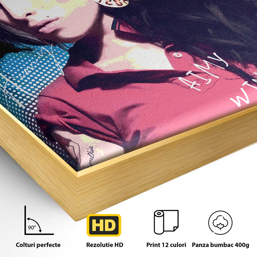 Detaliu al suprafetei: tablou canvas cu amy winehouse pe coperta rolling stone, in rama de aluminiu auriu